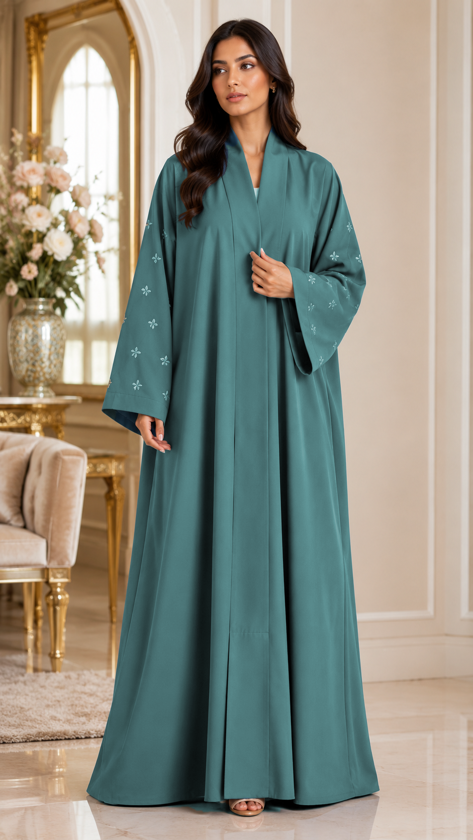 KIMONO TEAL PETAL – Premium Embroidered Kimono Style Abaya | V Neck | Without Hijab | Free Size | AARUH