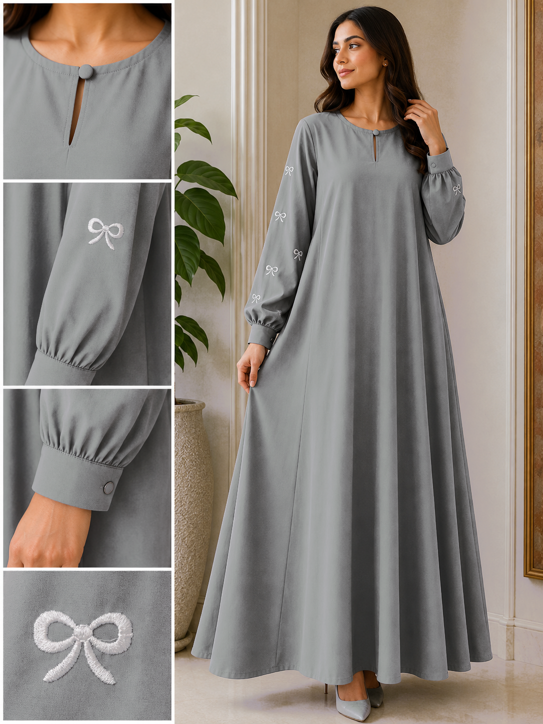 AARUH Women’s Grey Embroidered Abaya | Elegant Bow Sleeve Design | Modest Long Flared Islamic Dress