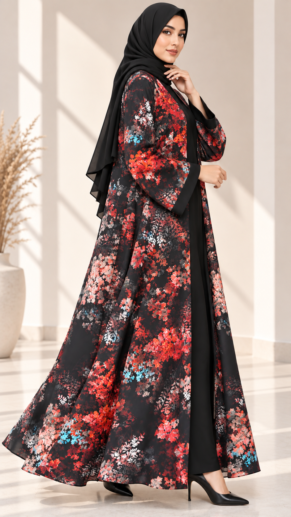 AARUH Black Floral Printed Open Front Abaya with Inner Dress & Hijab