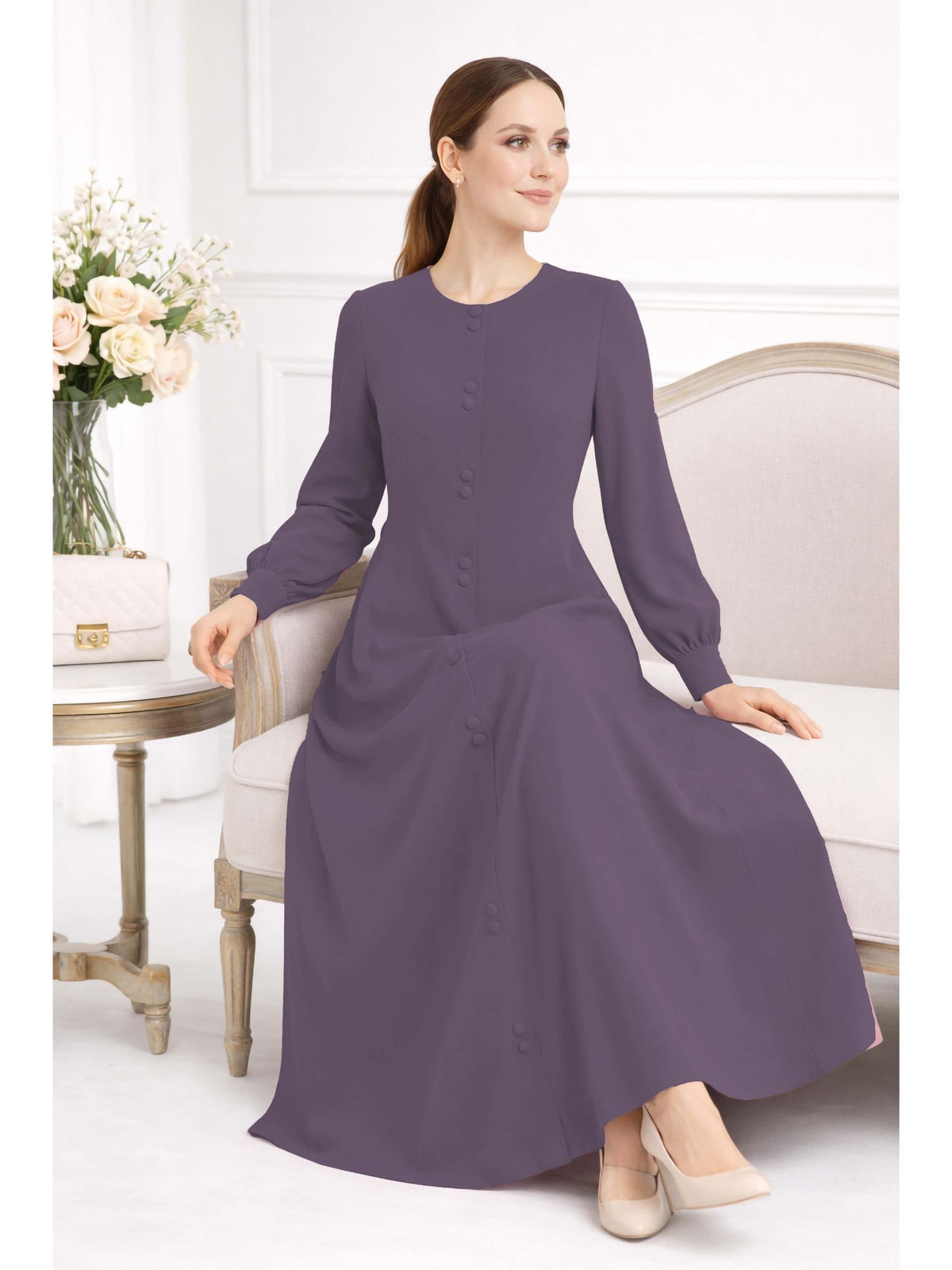 LINA LAVENDER – Premium Lavender Button Front Abaya | Round Neck | Without Hijab | Free Size | AARUH