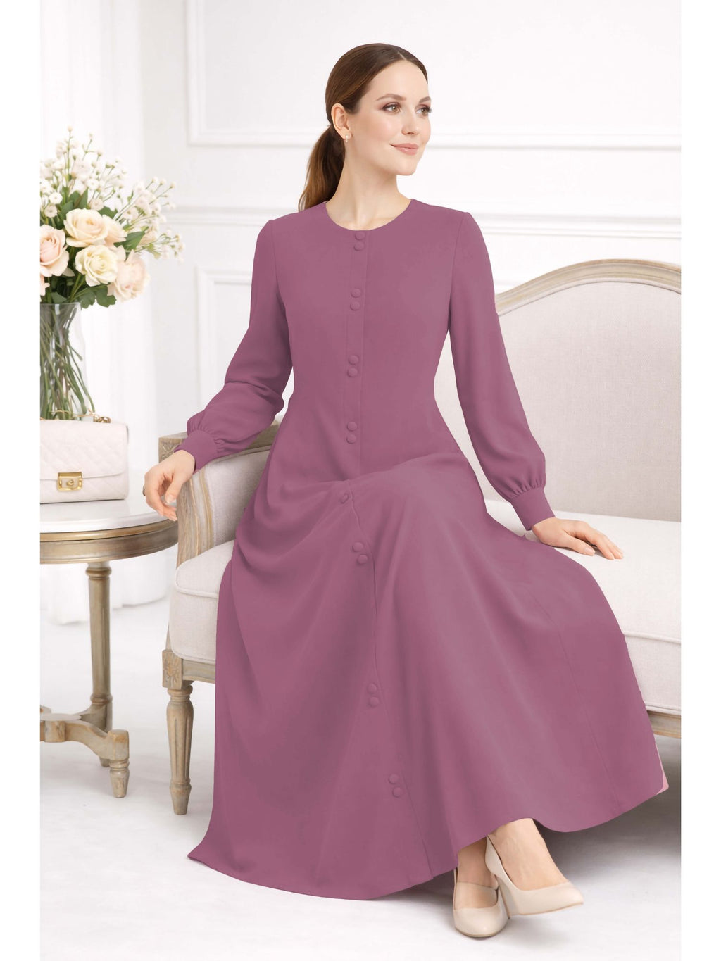 LINA PINK – Premium Pink Button Front Abaya | Round Neck | Without Hijab | Free Size | AARUH