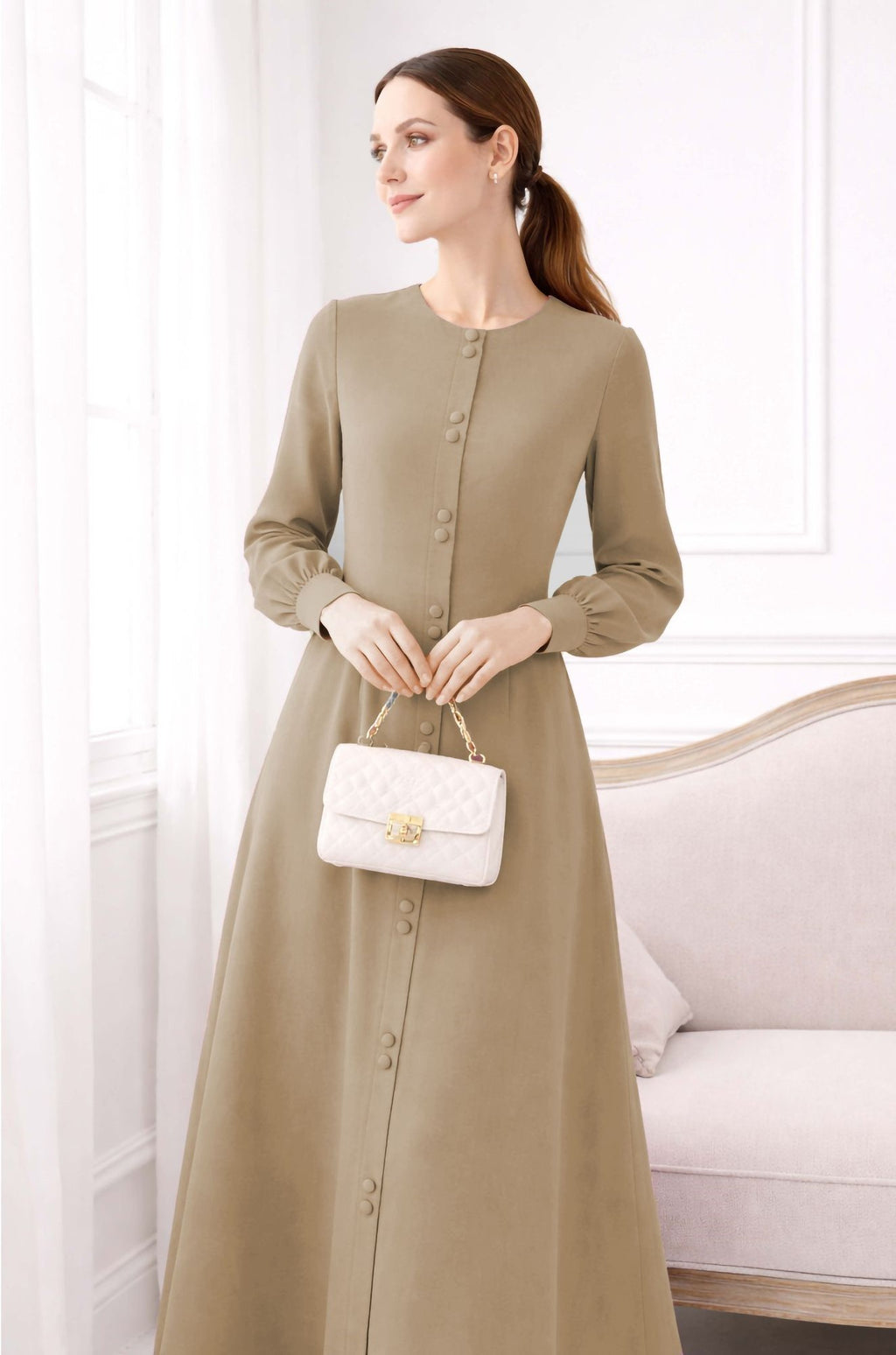LINA BROWN – Premium Brown Button Front Abaya | Round Neck | Without Hijab | Free Size | AARUH