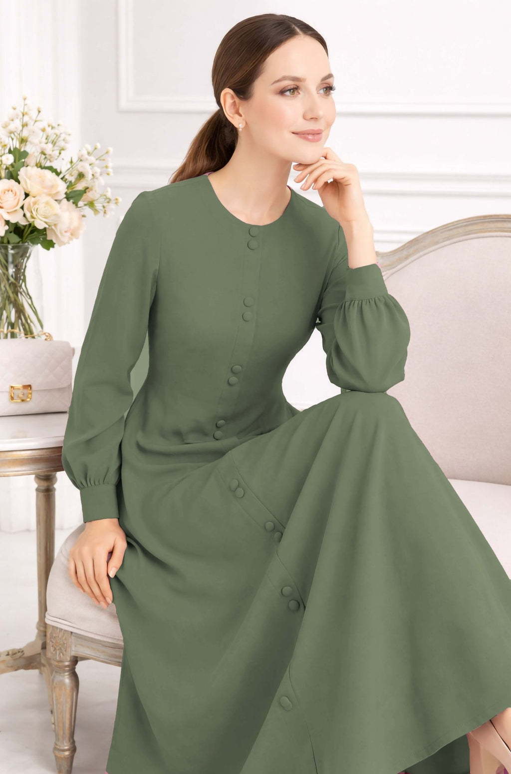 LINA GREEN – Premium Green Button Front Abaya | Round Neck | Without Hijab | Free Size | AARUH