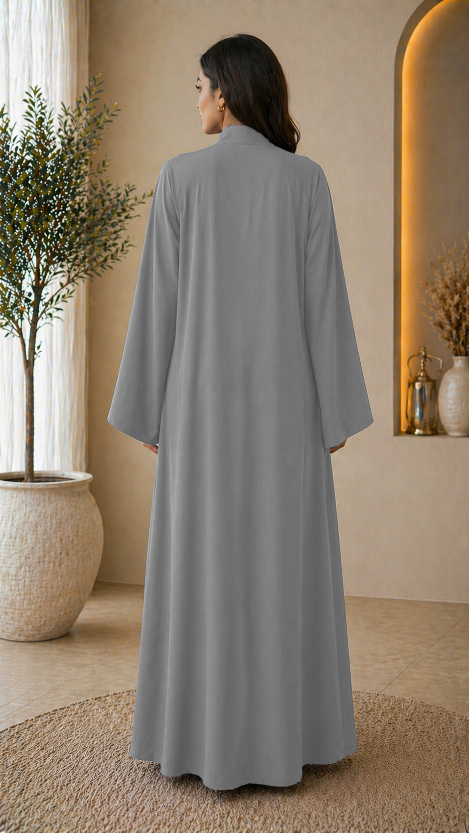 KIMONO STEEL GREY – Premium Steel Grey Kimono Style Abaya | V Neck | Without Hijab | Free Size | AARUH