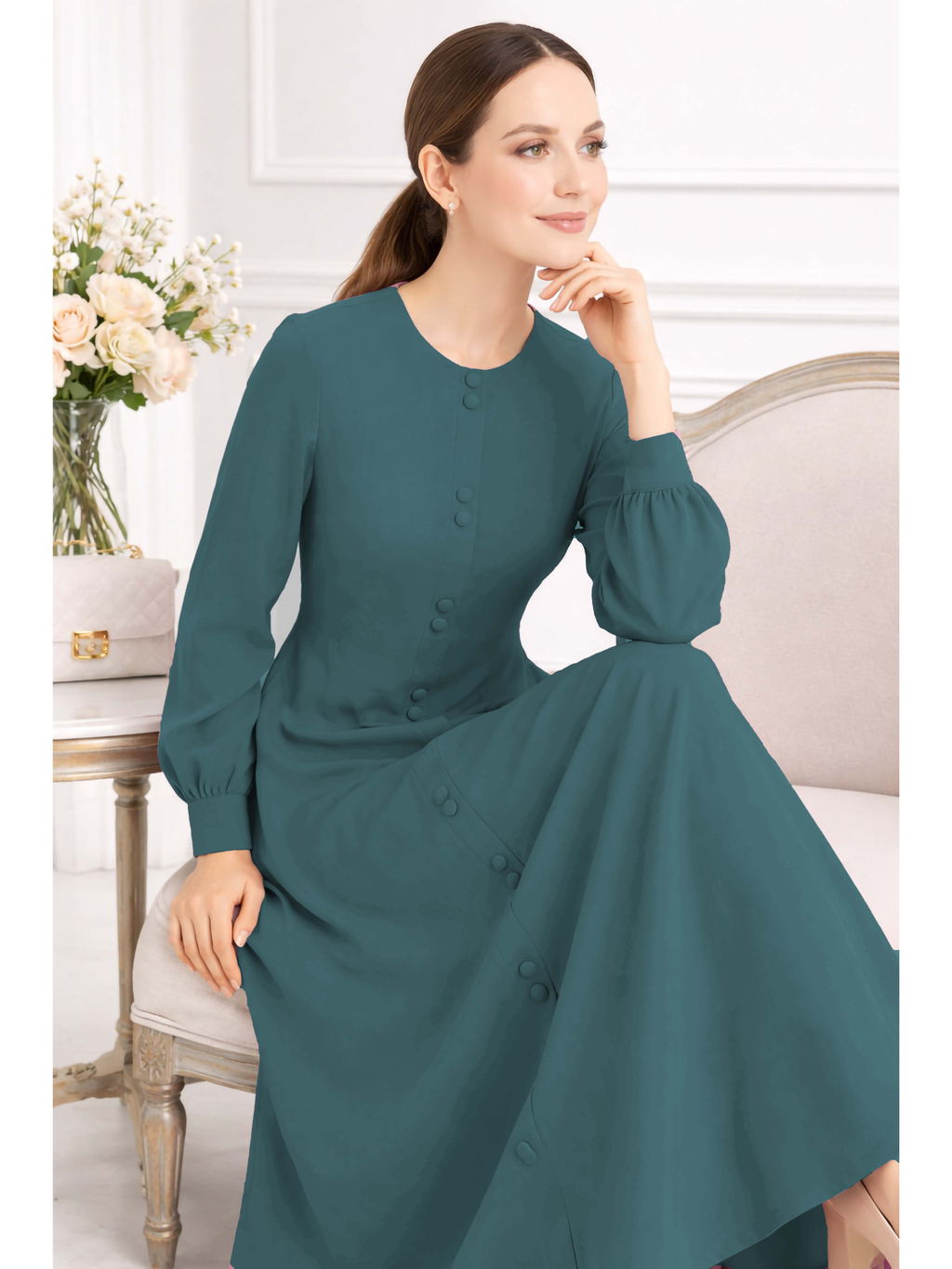 LINA TEAL – Premium Teal Button Front Abaya | Round Neck | Without Hijab | Free Size | AARUH