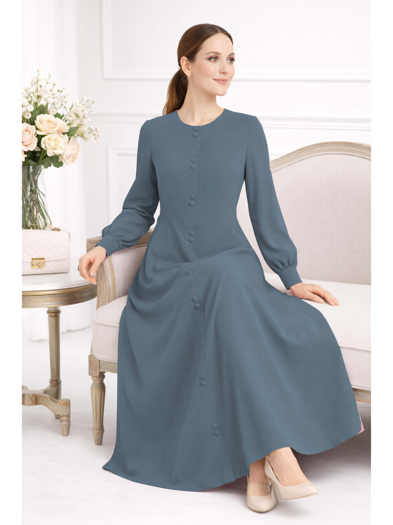 LINA BLUISH GREY – Premium Bluish Grey Button Front Abaya | Round Neck | Without Hijab | Free Size | AARUH