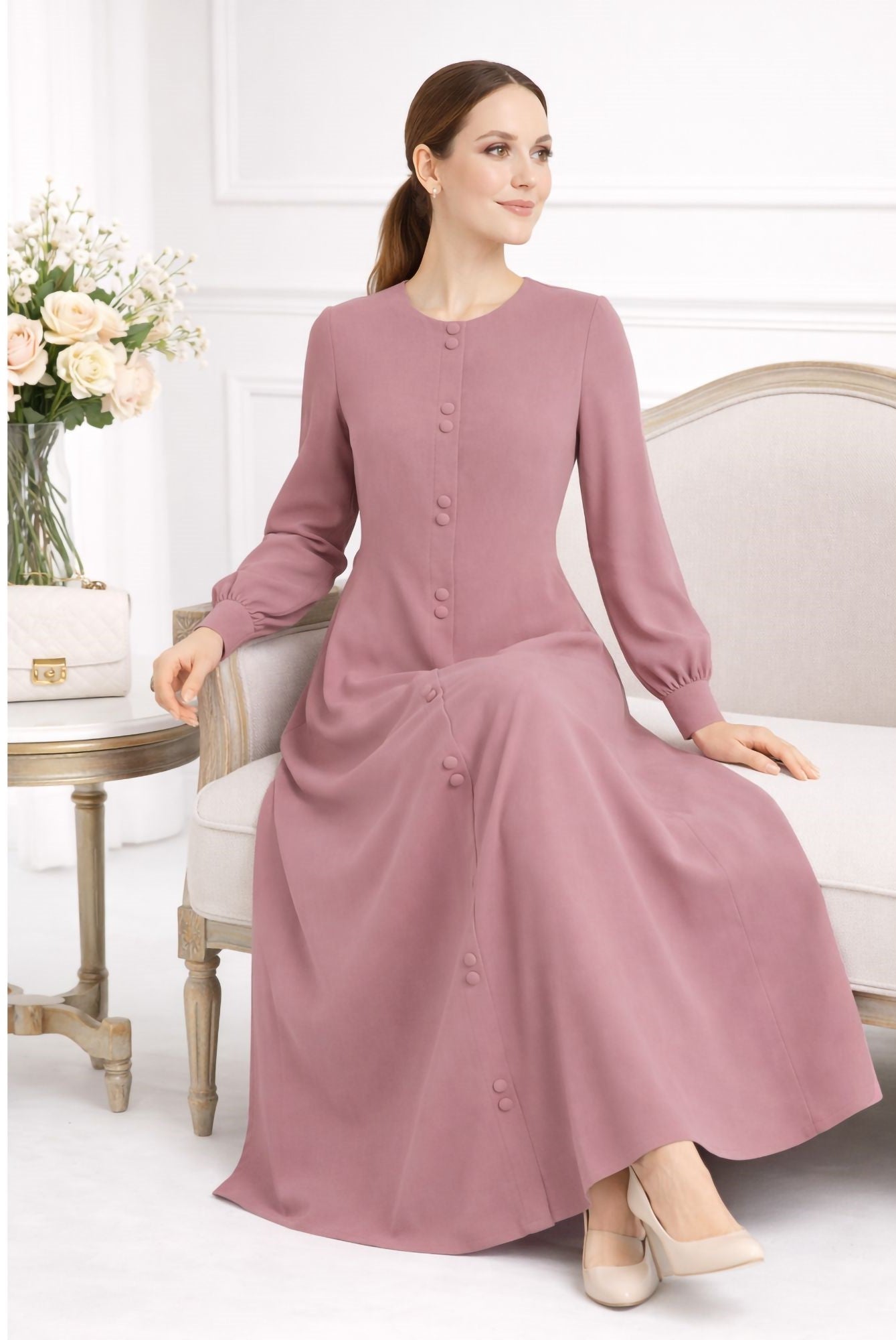 LINA BABY PINK – Premium Baby Pink Button Front Abaya | Round Neck | Without Hijab | Free Size | AARUH