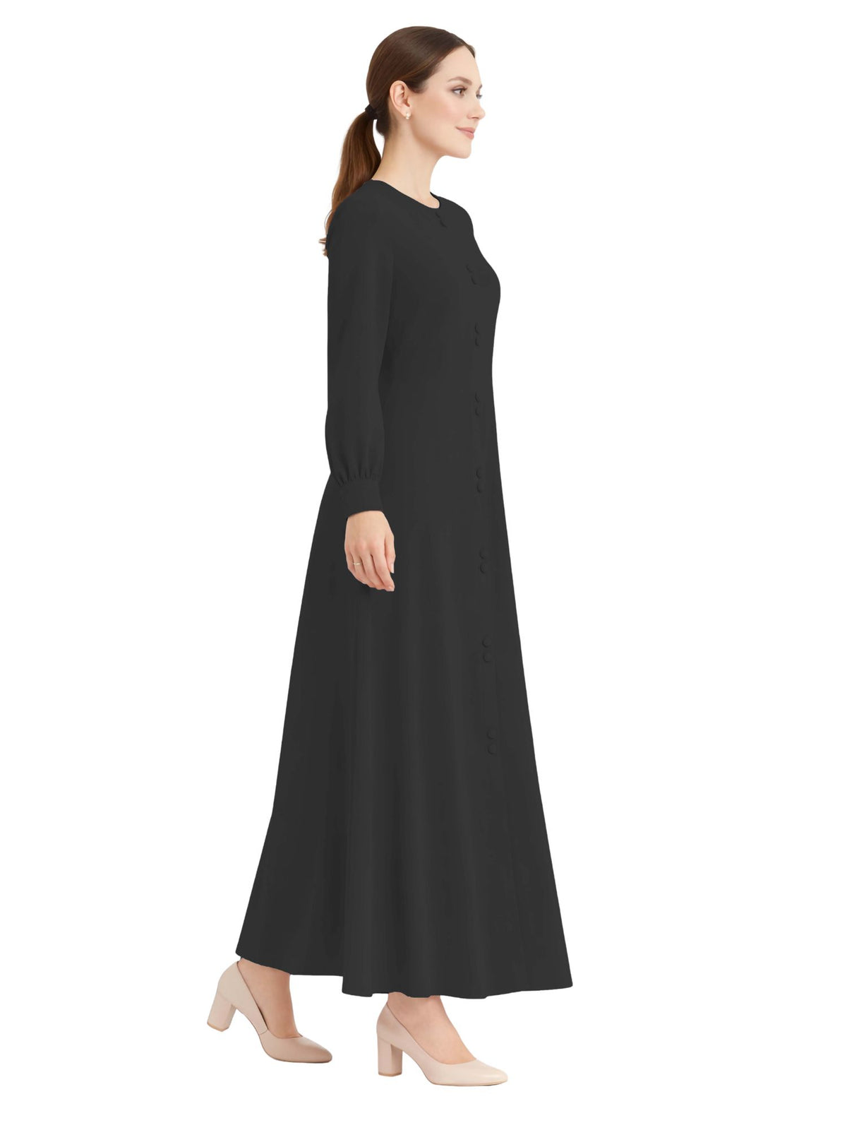 LINA BLACK – Premium Black Button Front Abaya | Round Neck | Without Hijab | Free Size | AARUH
