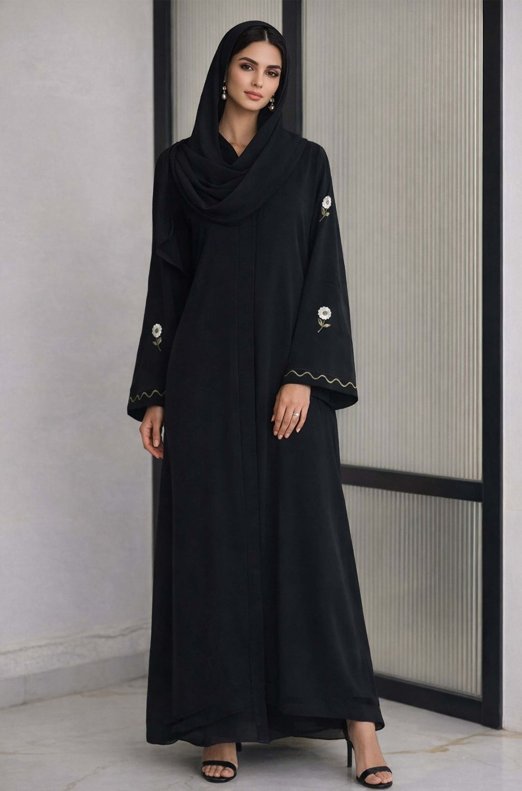 WAVES GREEN – Premium Black Embroidered Abaya with Matching Hijab | V Neck | Free Size | AARUH