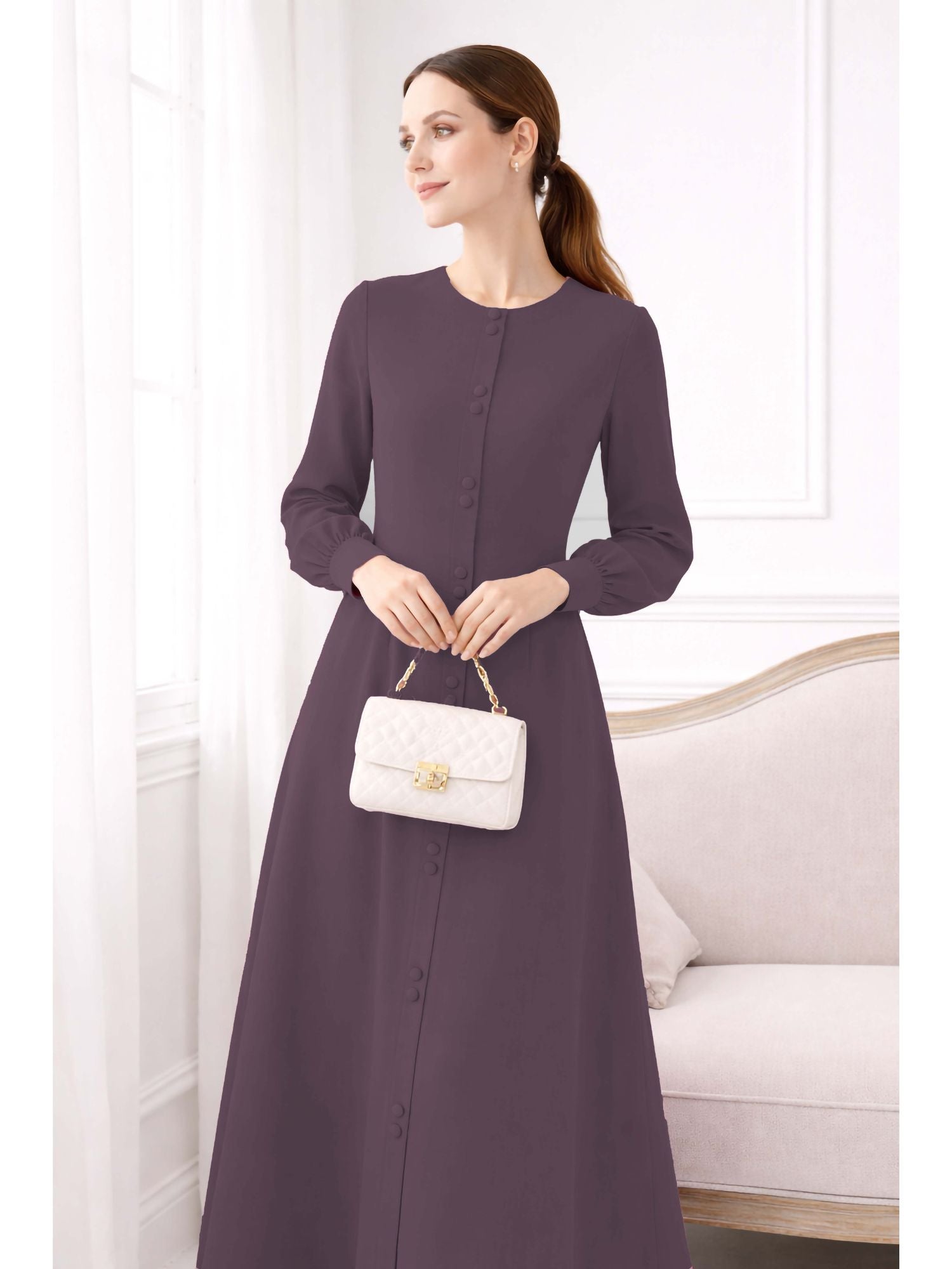 LINA DARK PURPLE – Premium Dark Purple Button Front Abaya | Round Neck | Without Hijab | Free Size | AARUH