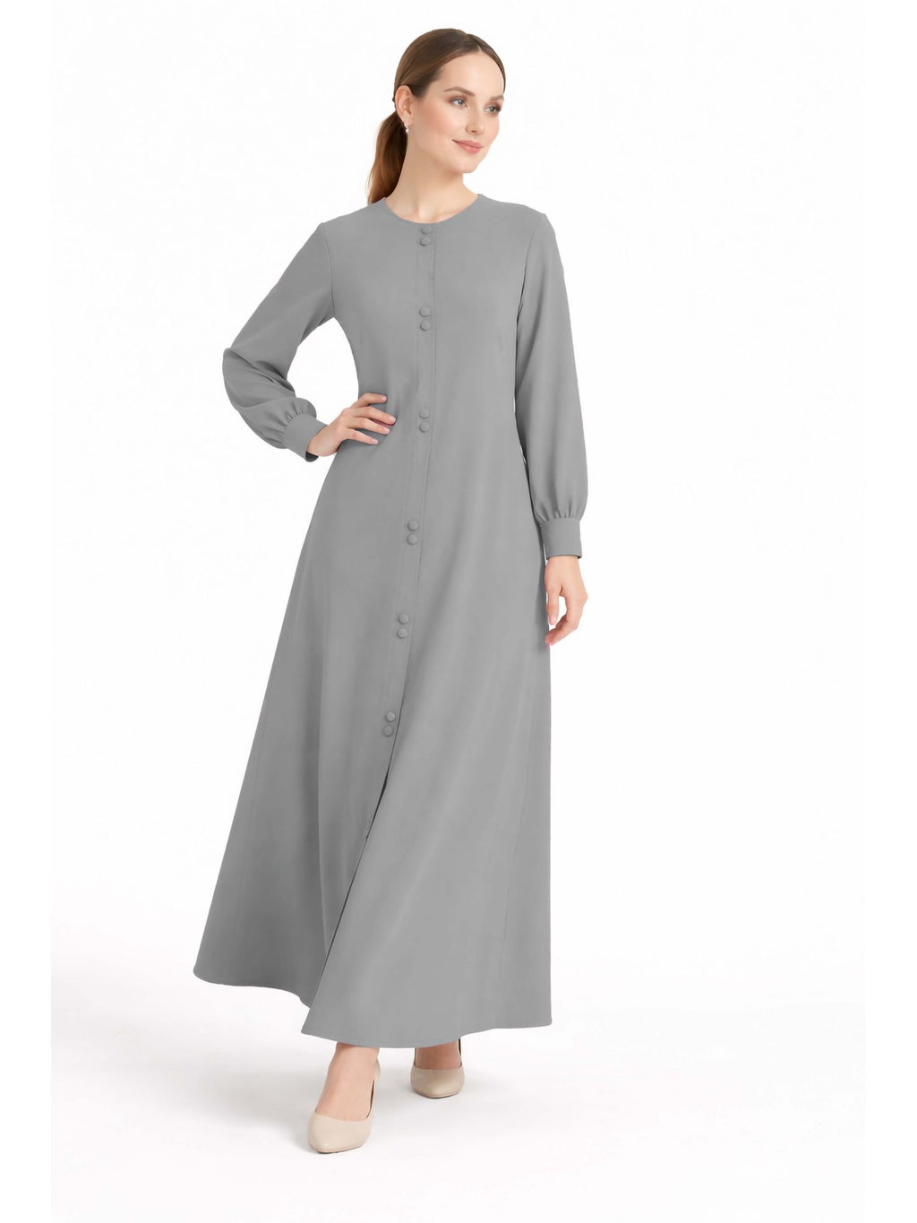 LINA STEEL GREY – Premium Steel Grey Button Front Abaya | Round Neck | Without Hijab | Free Size | AARUH