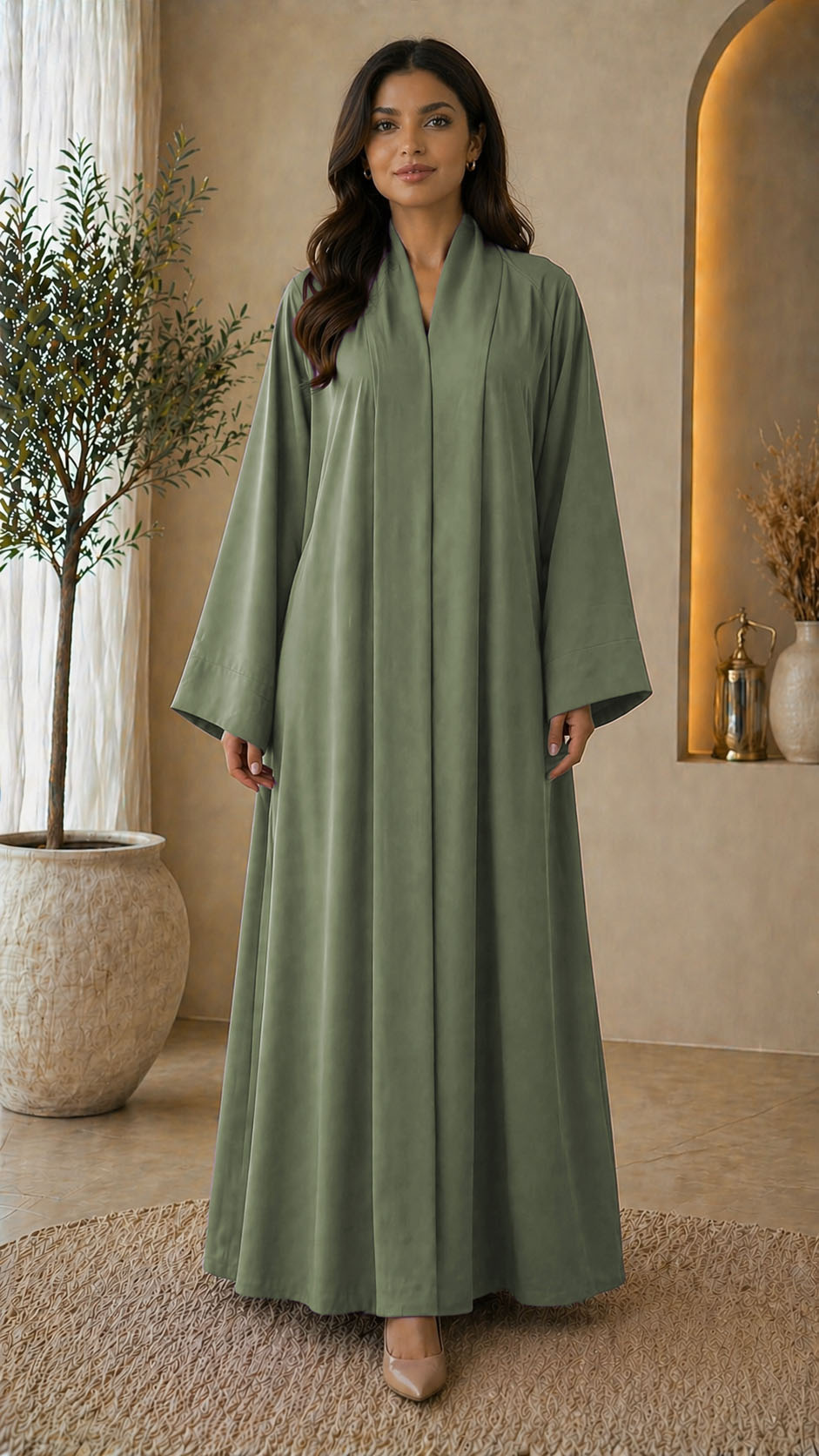 KIMONO GREEN – Premium Green Kimono Style Abaya | V Neck | Without Hijab | Free Size | AARUH
