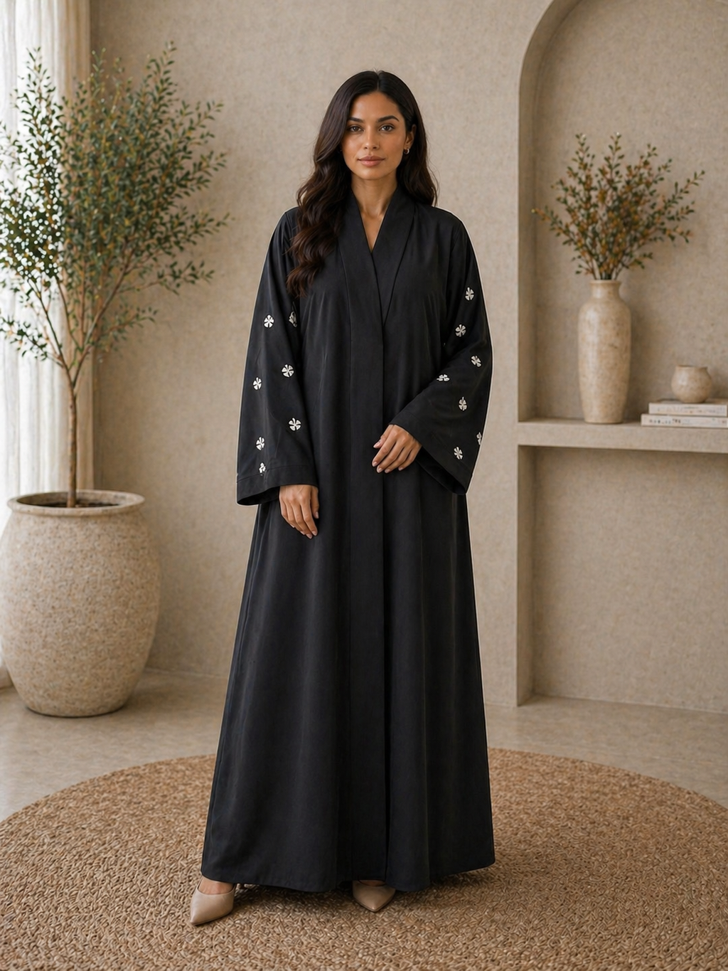 KIMONO BLACK PETAL 333 – Premium Embroidered Kimono Style Abaya | V Neck | Without Hijab | Free Size | AARUH