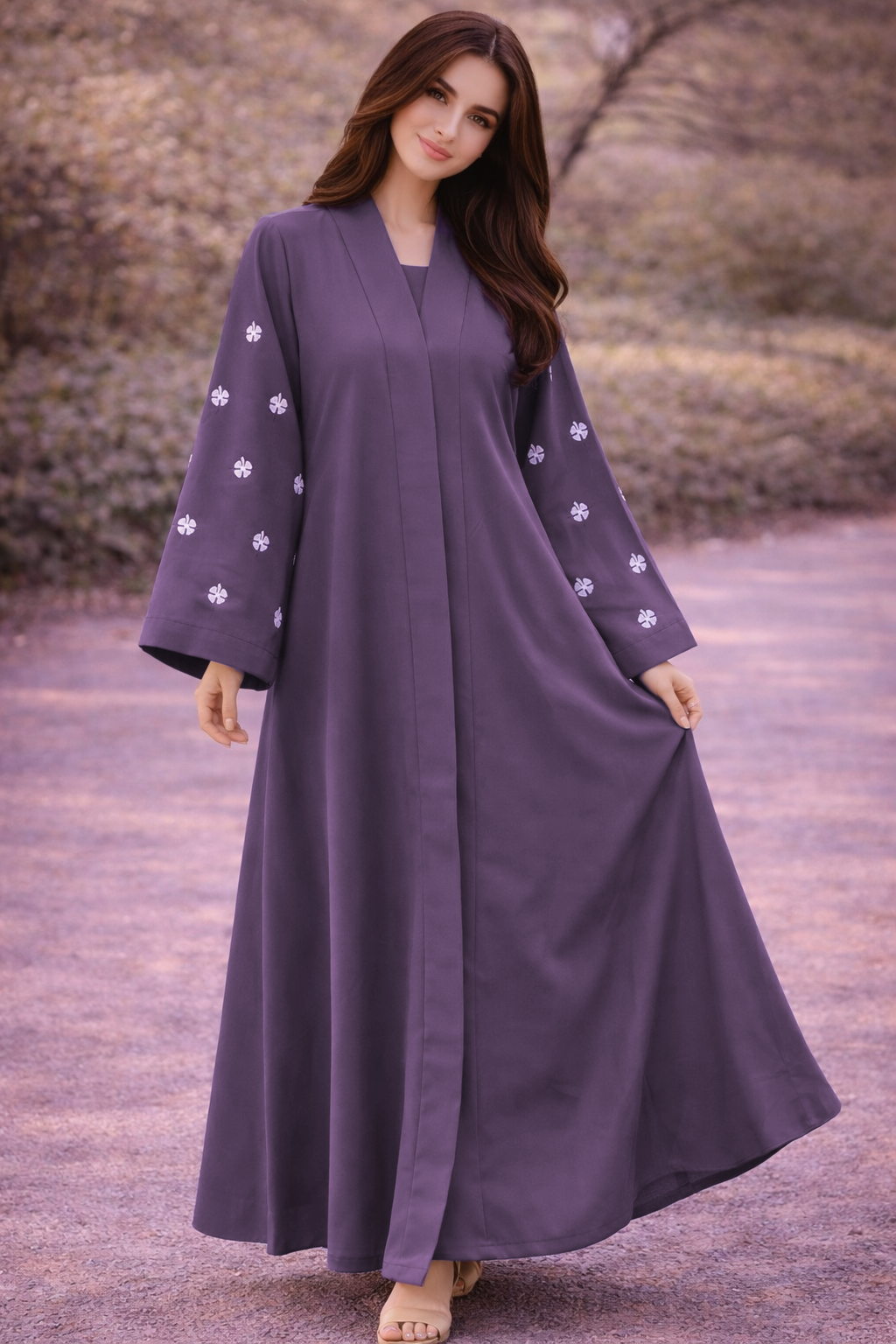 KIMONO LAVENDER PETAL – Premium Embroidered Kimono Style Abaya | V Neck | Without Hijab | Free Size | AARUH