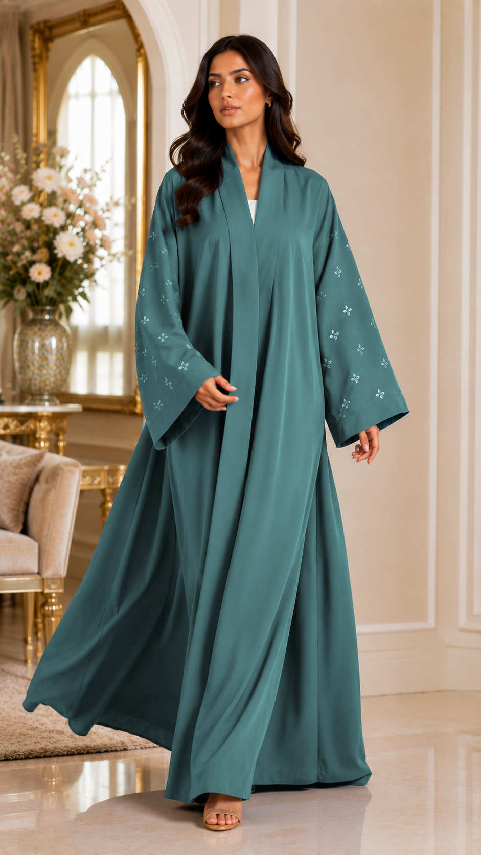 KIMONO TEAL PETAL – Premium Embroidered Kimono Style Abaya | V Neck | Without Hijab | Free Size | AARUH
