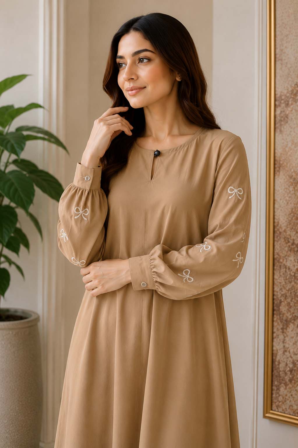 Elegant A-Line Maxi Dress with Bow Embroidered Sleeves