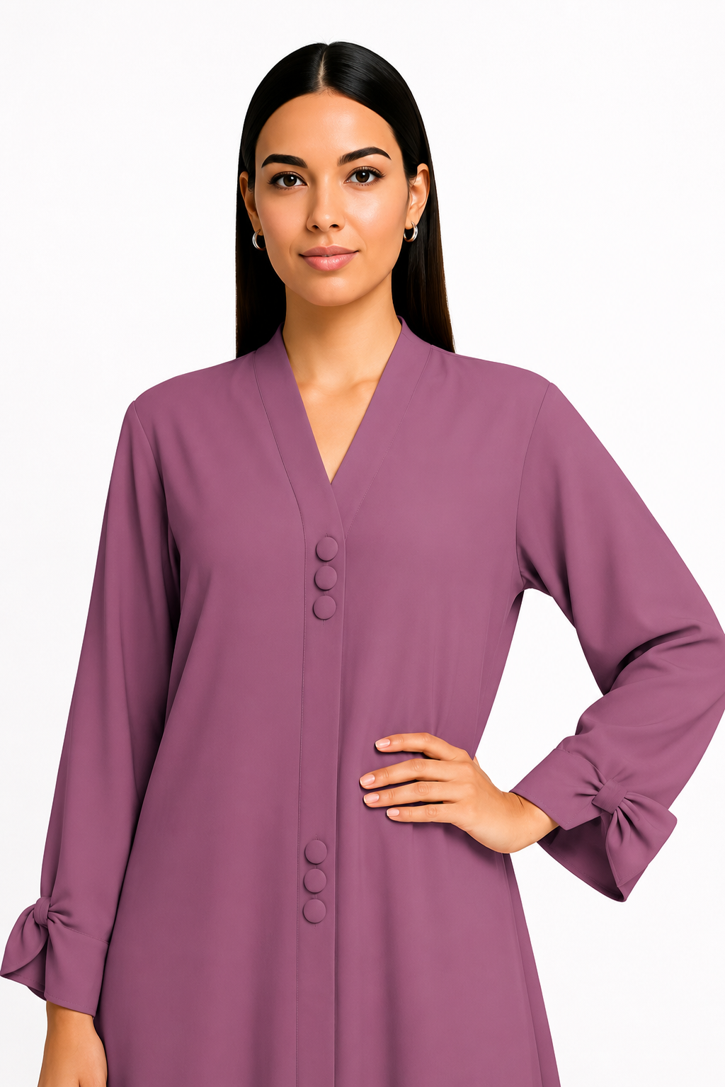 AARUH Mauve Purple Button-Front Flared Abaya with V-Neck & Tie-Cuff Sleeves