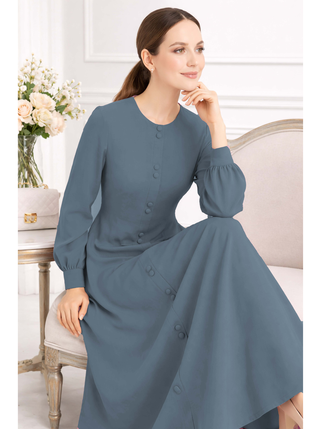 LINA BLUISH GREY – Premium Bluish Grey Button Front Abaya | Round Neck | Without Hijab | Free Size | AARUH