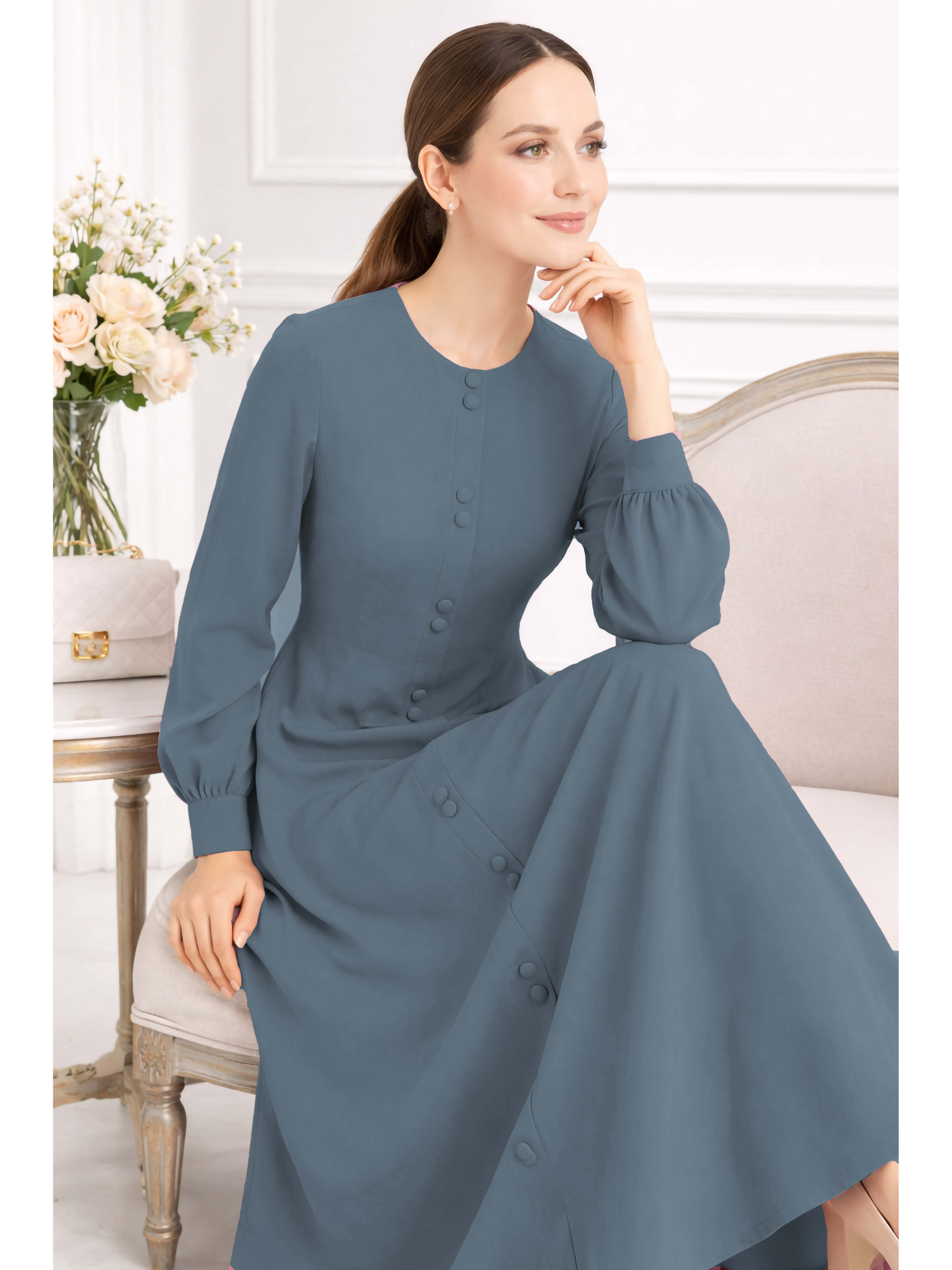 LINA BLUISH GREY – Premium Bluish Grey Button Front Abaya | Round Neck | Without Hijab | Free Size | AARUH