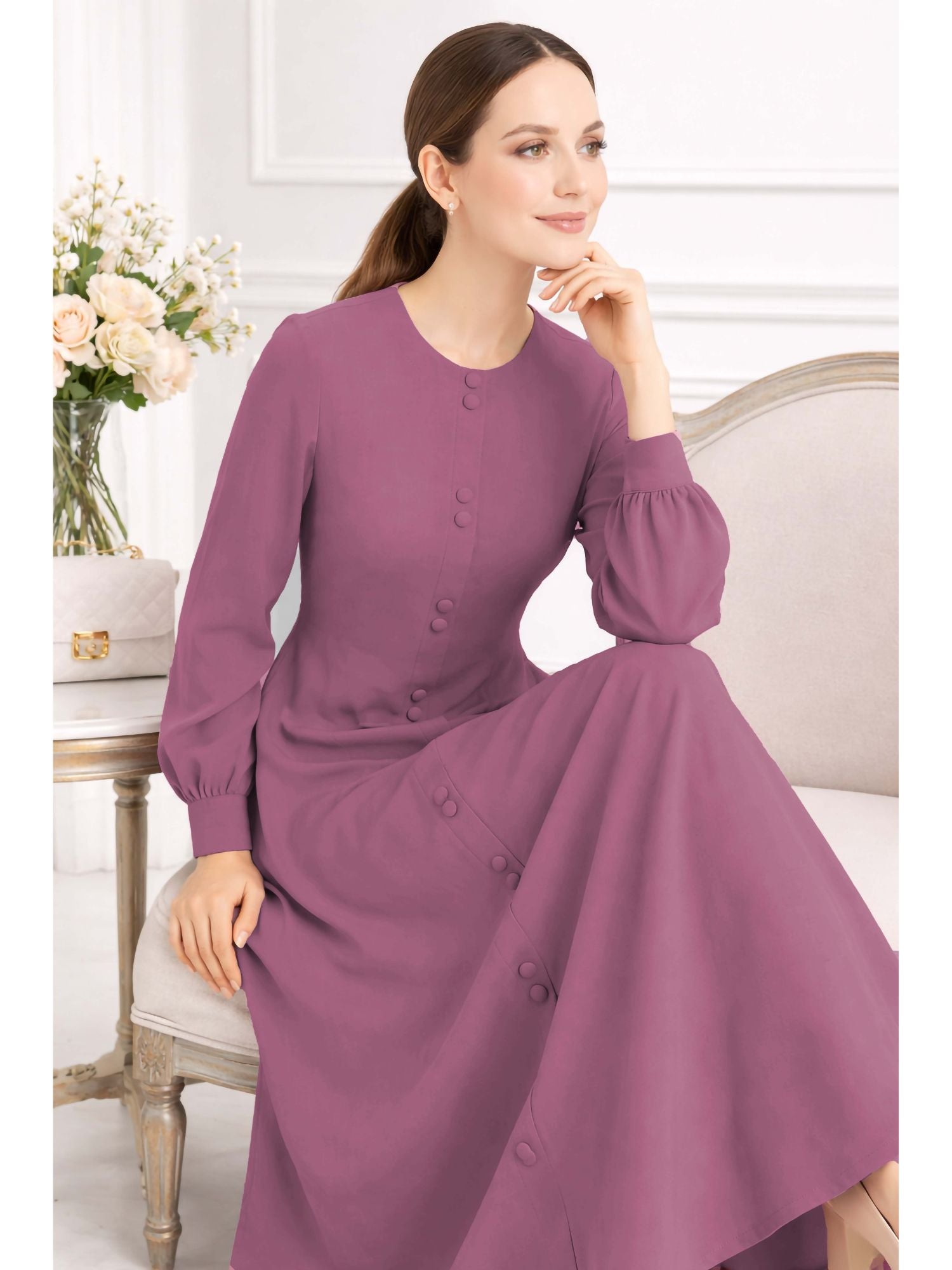 LINA PINK – Premium Pink Button Front Abaya | Round Neck | Without Hijab | Free Size | AARUH