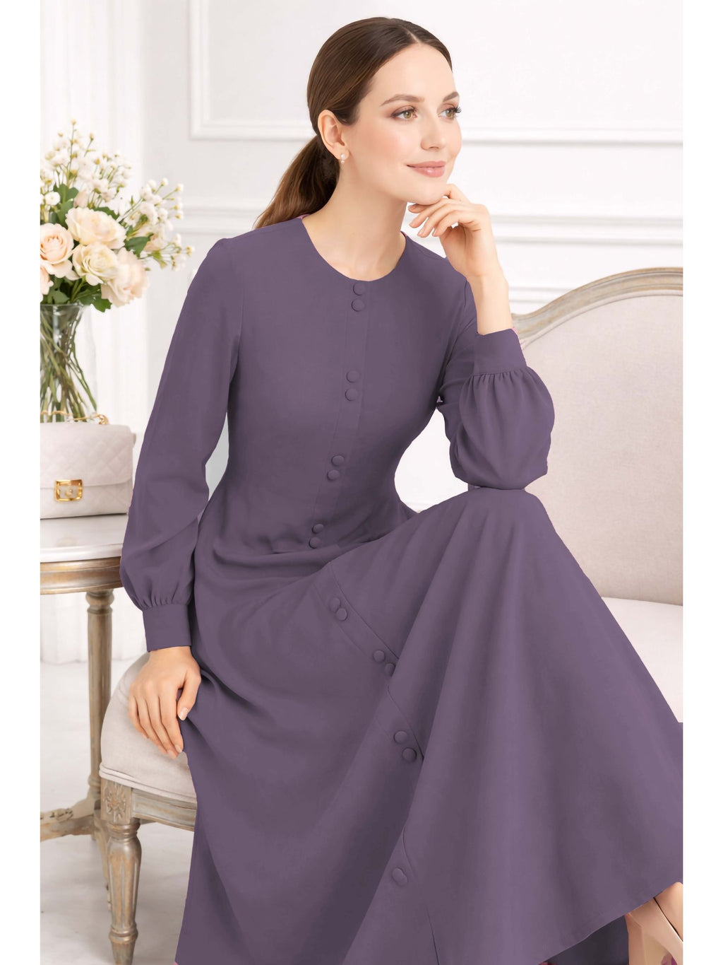 LINA LAVENDER – Premium Lavender Button Front Abaya | Round Neck | Without Hijab | Free Size | AARUH
