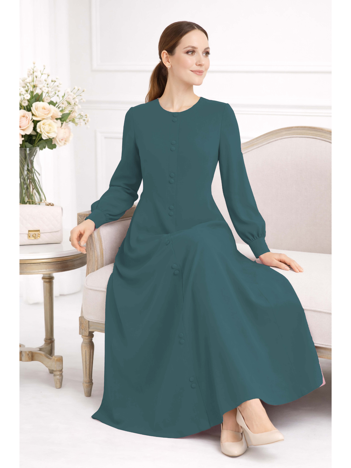 LINA TEAL – Premium Teal Button Front Abaya | Round Neck | Without Hijab | Free Size | AARUH
