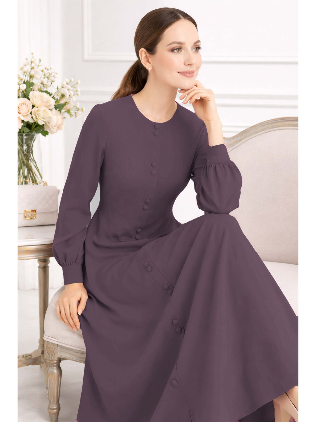 LINA DARK PURPLE – Premium Dark Purple Button Front Abaya | Round Neck | Without Hijab | Free Size | AARUH