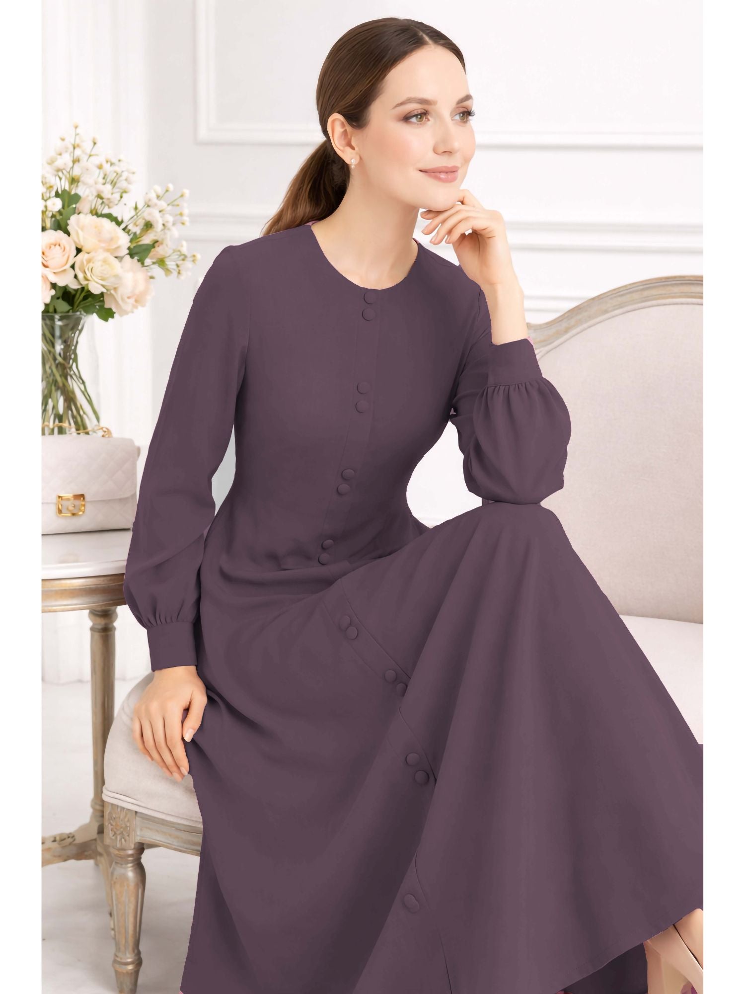 LINA DARK PURPLE – Premium Dark Purple Button Front Abaya | Round Neck | Without Hijab | Free Size | AARUH