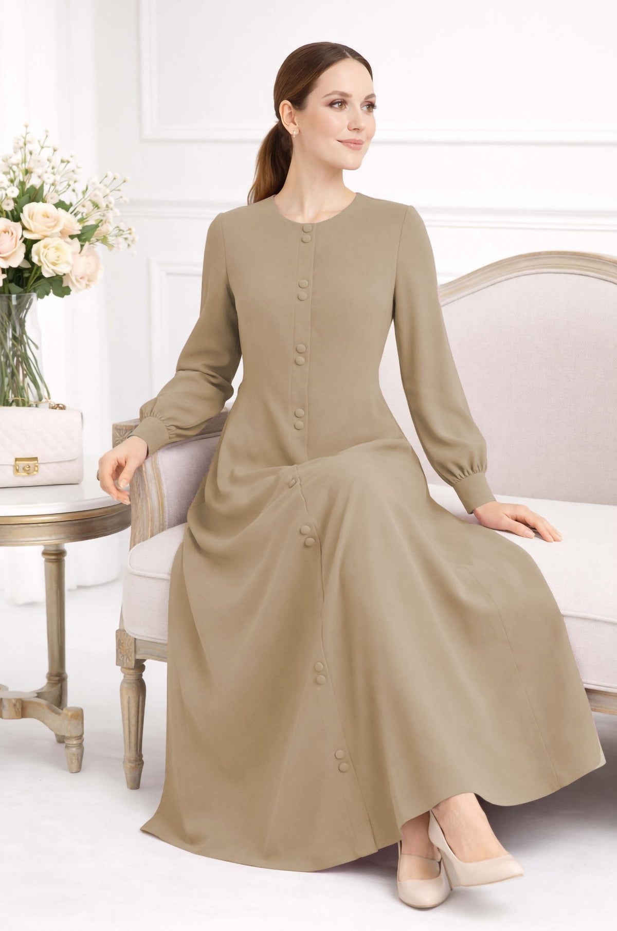 LINA BROWN – Premium Brown Button Front Abaya | Round Neck | Without Hijab | Free Size | AARUH