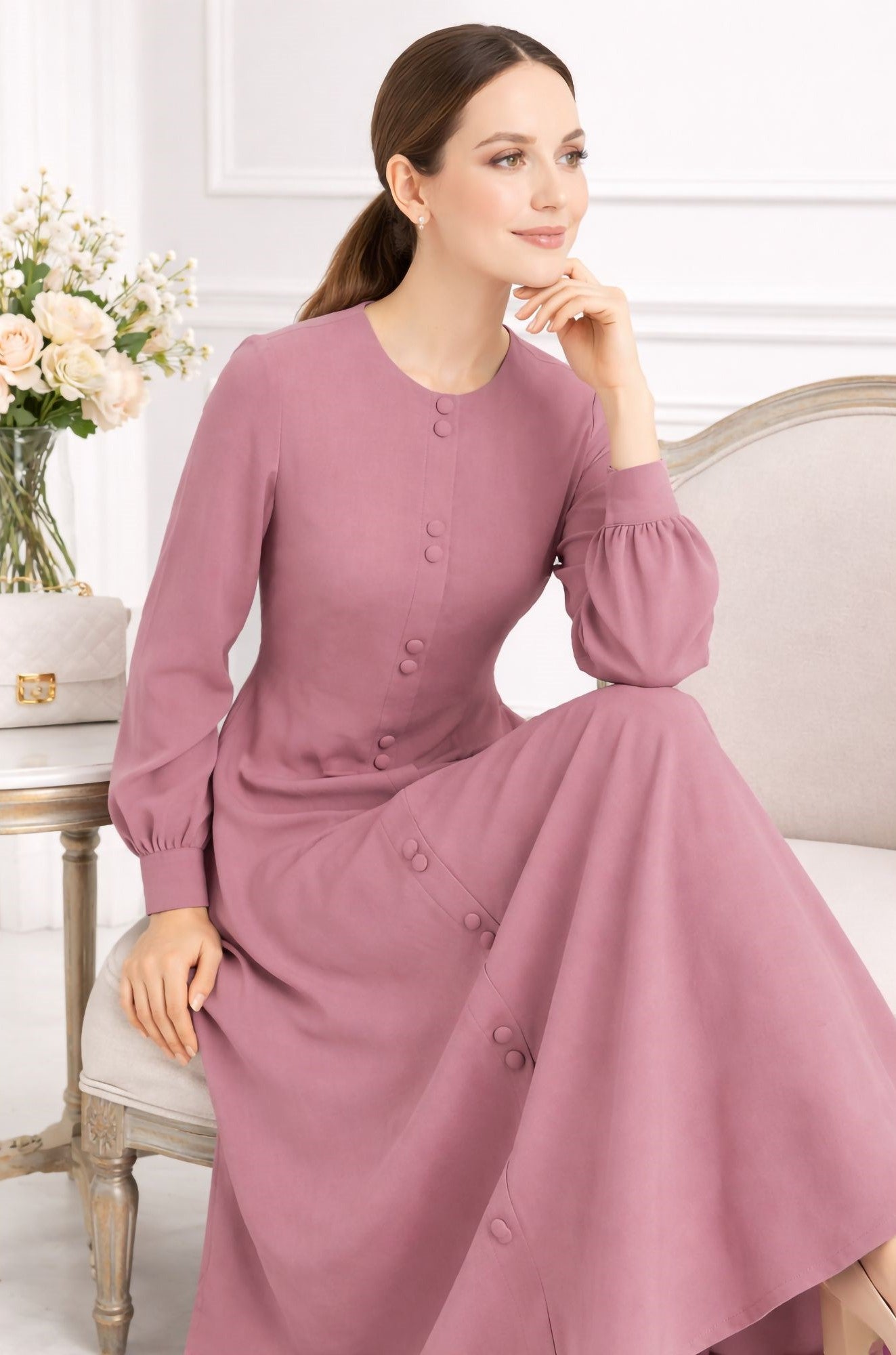 LINA BABY PINK – Premium Baby Pink Button Front Abaya | Round Neck | Without Hijab | Free Size | AARUH