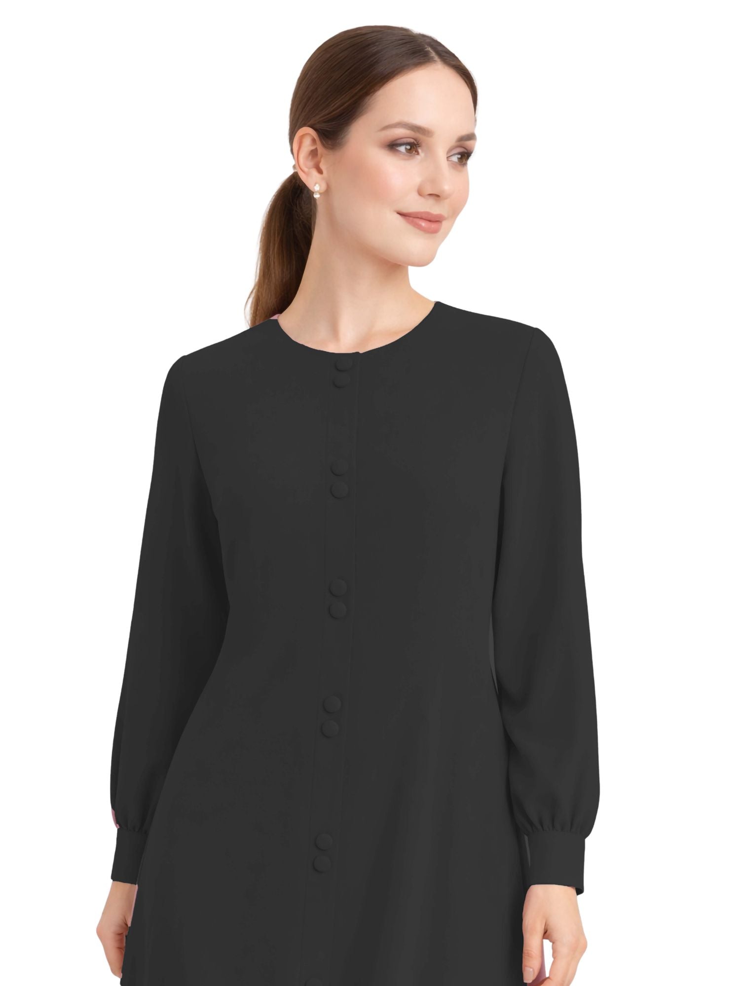 LINA BLACK – Premium Black Button Front Abaya | Round Neck | Without Hijab | Free Size | AARUH