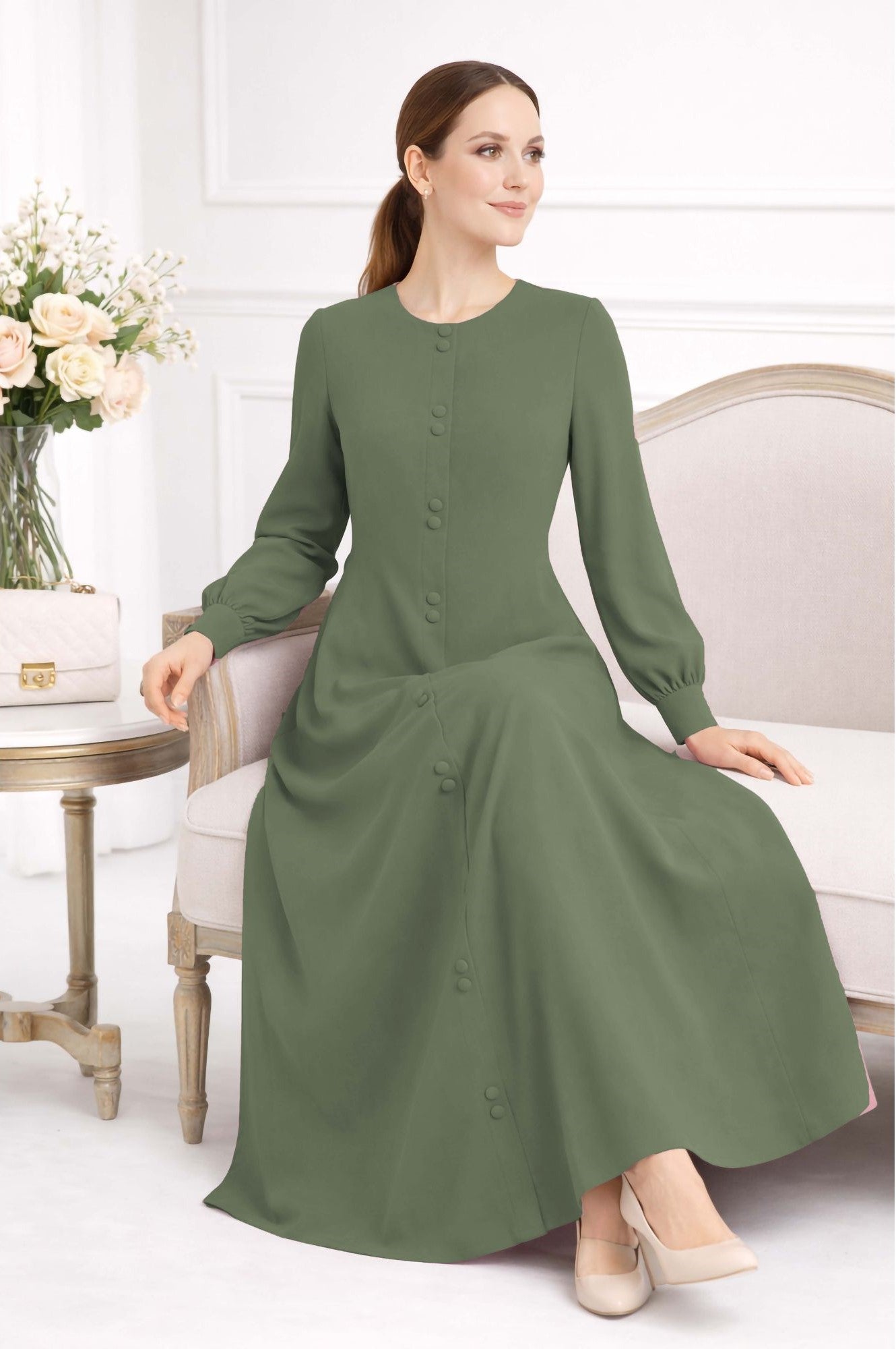 LINA GREEN – Premium Green Button Front Abaya | Round Neck | Without Hijab | Free Size | AARUH