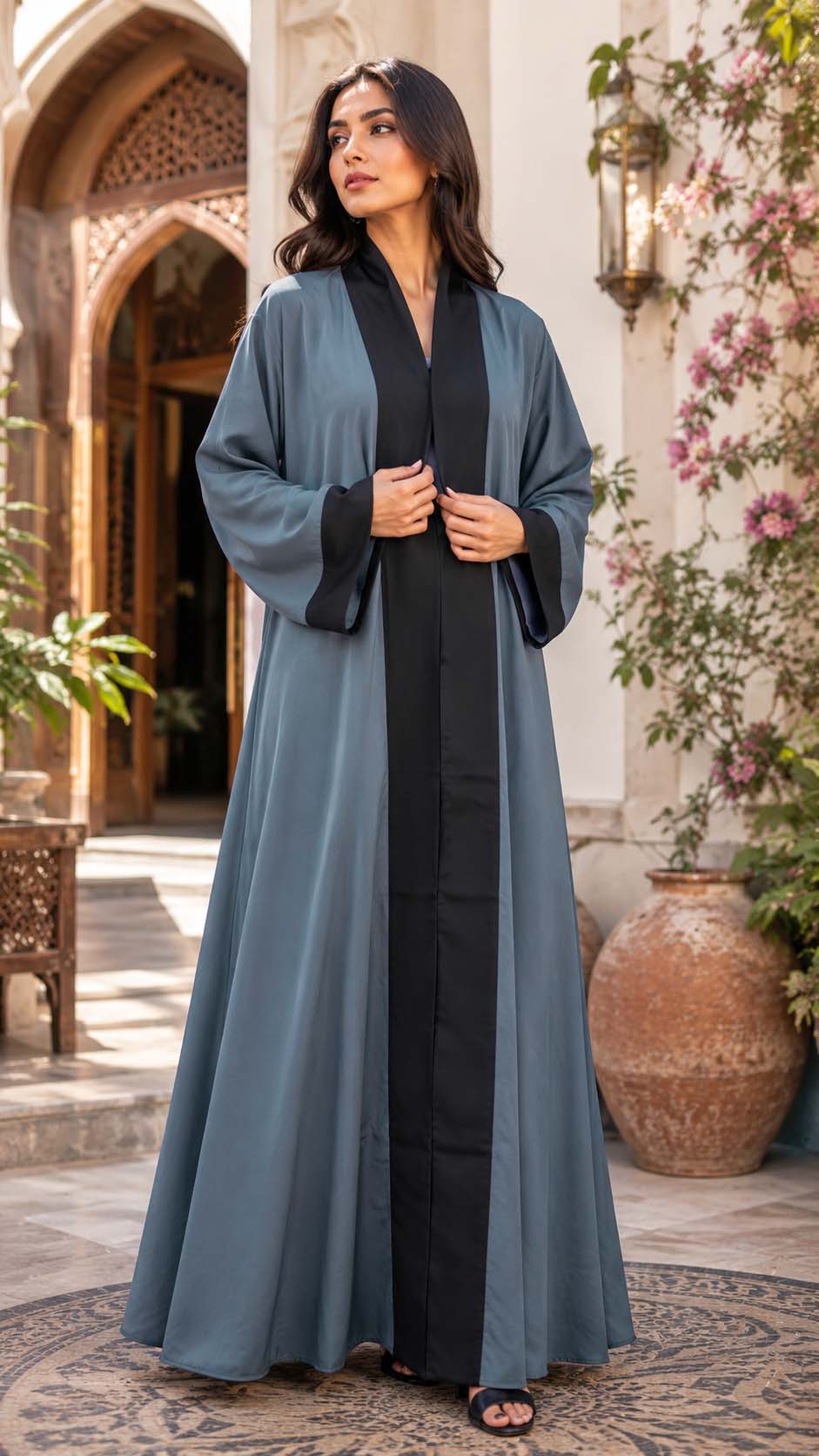 Blue Grey Contrast Open Abaya Elegant Two-Tone Modest Wear | AARUH Fashion & Fabrics