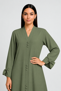 AARUH Olive Green Button-Front Flared Abaya with V-Neck & Tie-Cuff Sleeves