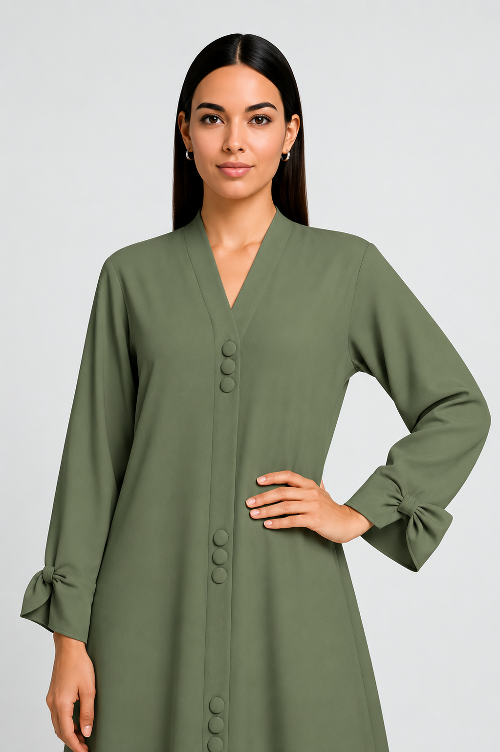 AARUH Olive Green Button-Front Flared Abaya with V-Neck & Tie-Cuff Sleeves
