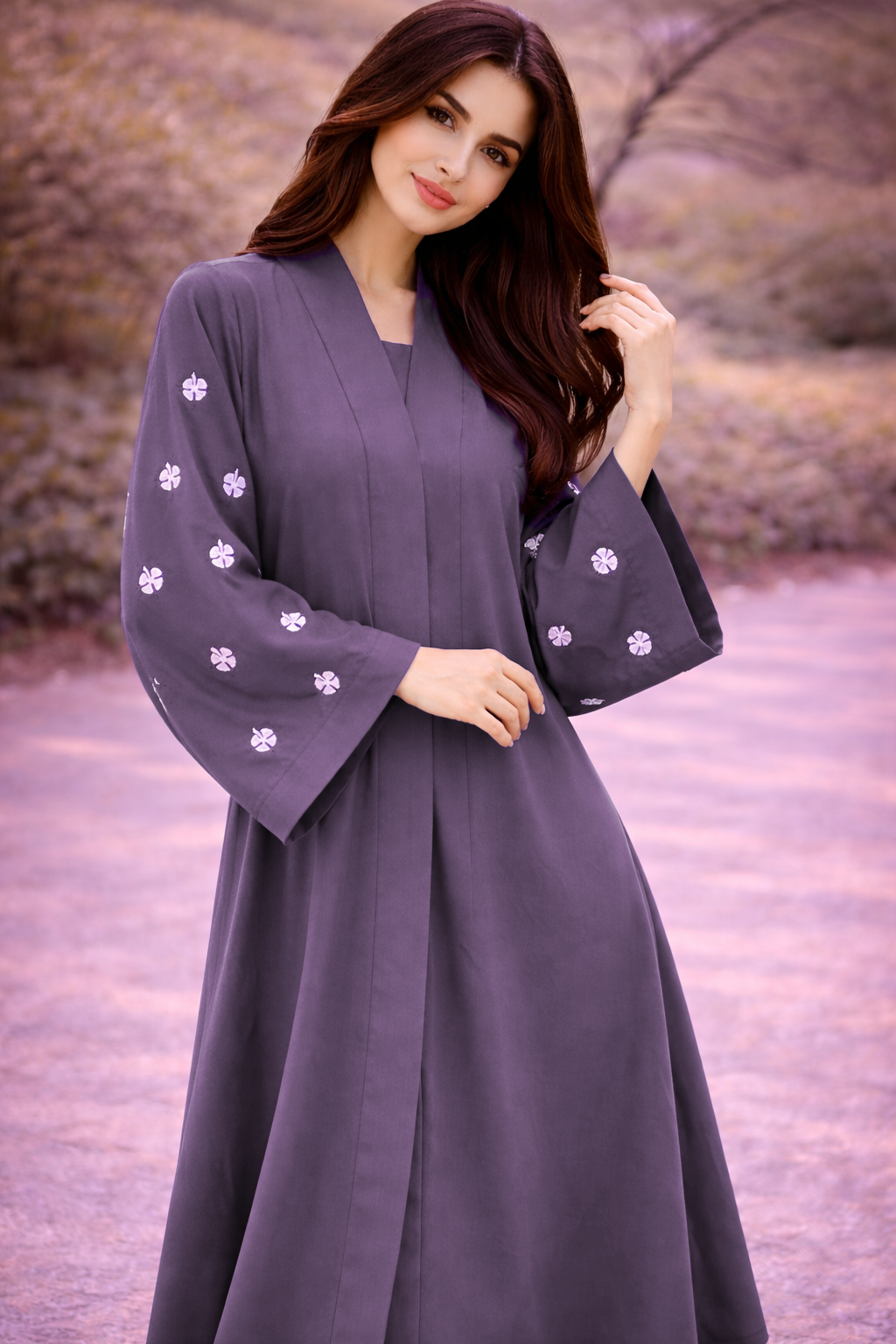 KIMONO LAVENDER PETAL – Premium Embroidered Kimono Style Abaya | V Neck | Without Hijab | Free Size | AARUH