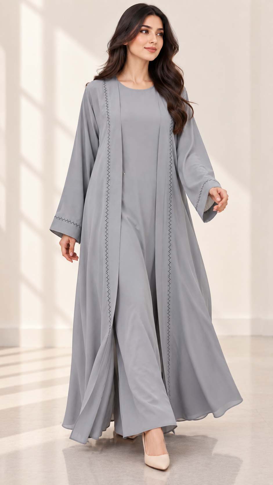 AARUH Grey Stone Work Abaya for Women | Elegant Full-Length Flared Abaya | Premium Front & Sleeve Stone Detailing