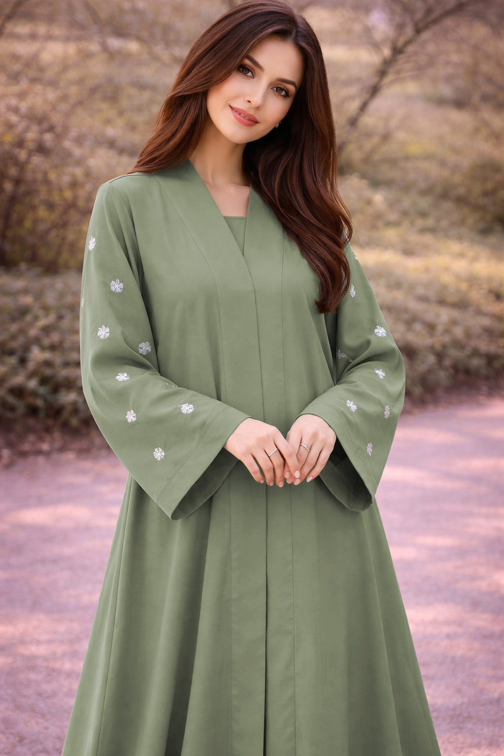 KIMONO GREEN PETAL – Premium Embroidered Kimono Style Abaya | V Neck | Without Hijab | Free Size | AARUH