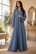 KIMONO GREY PETAL – Premium Embroidered Kimono Style Abaya | V Neck | Without Hijab | Free Size | AARUH