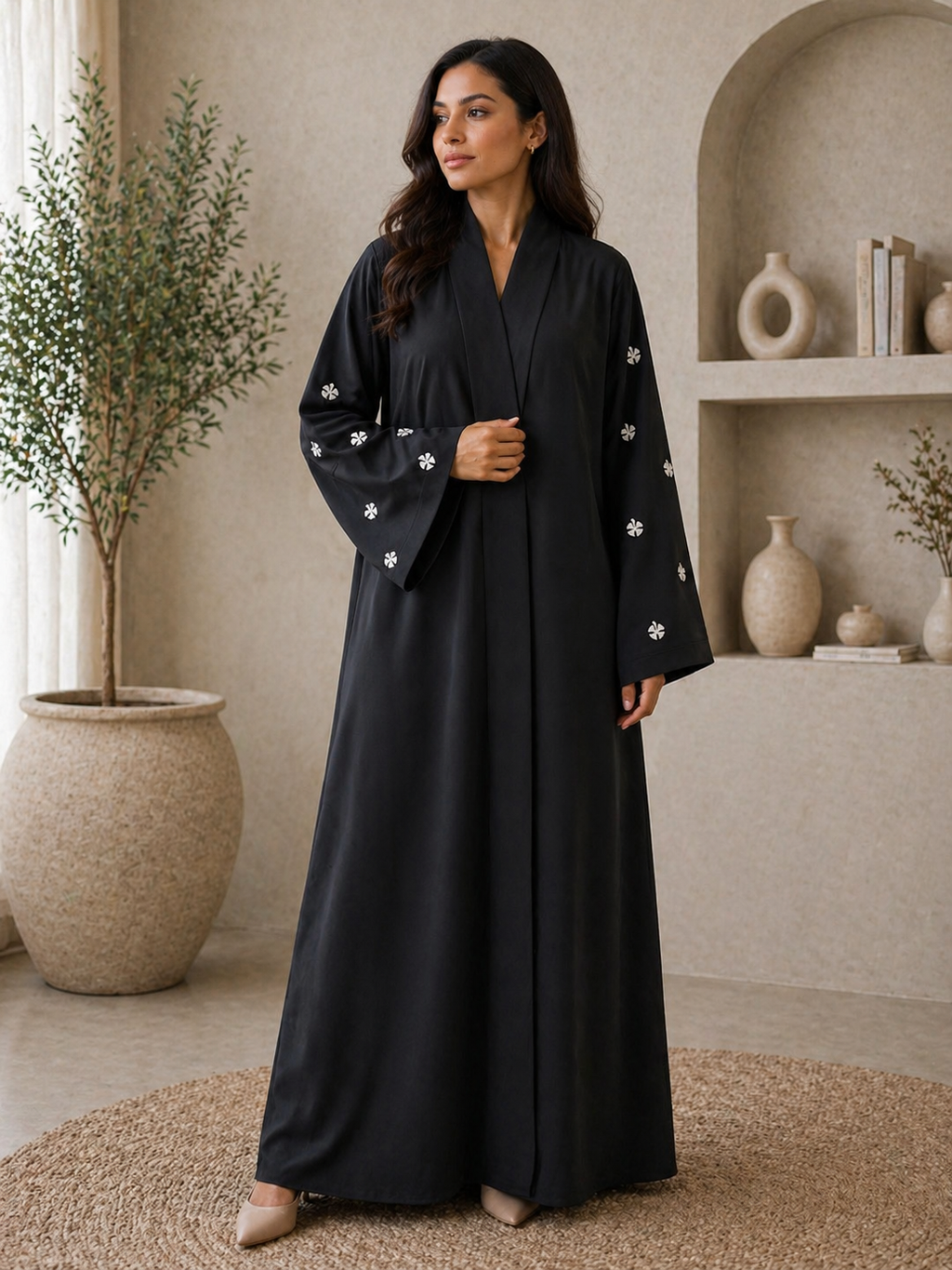 KIMONO BLACK PETAL 333 – Premium Embroidered Kimono Style Abaya | V Neck | Without Hijab | Free Size | AARUH