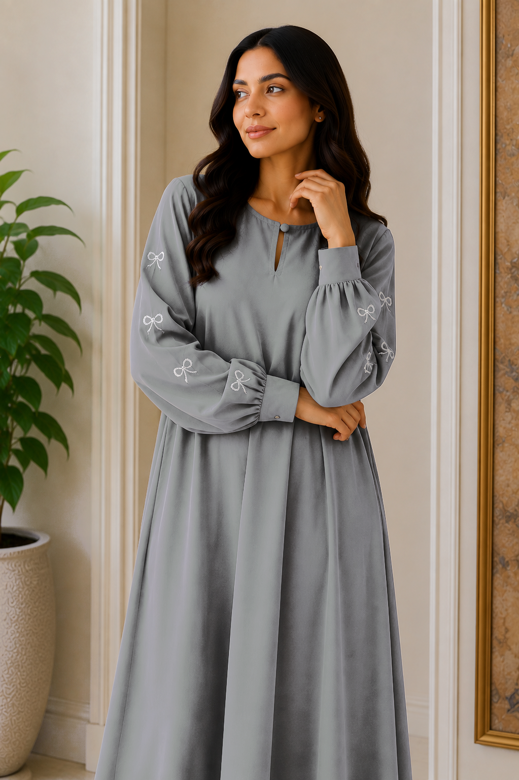AARUH Women’s Grey Embroidered Abaya | Elegant Bow Sleeve Design | Modest Long Flared Islamic Dress