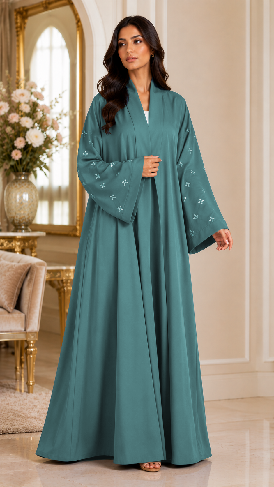KIMONO TEAL PETAL – Premium Embroidered Kimono Style Abaya | V Neck | Without Hijab | Free Size | AARUH