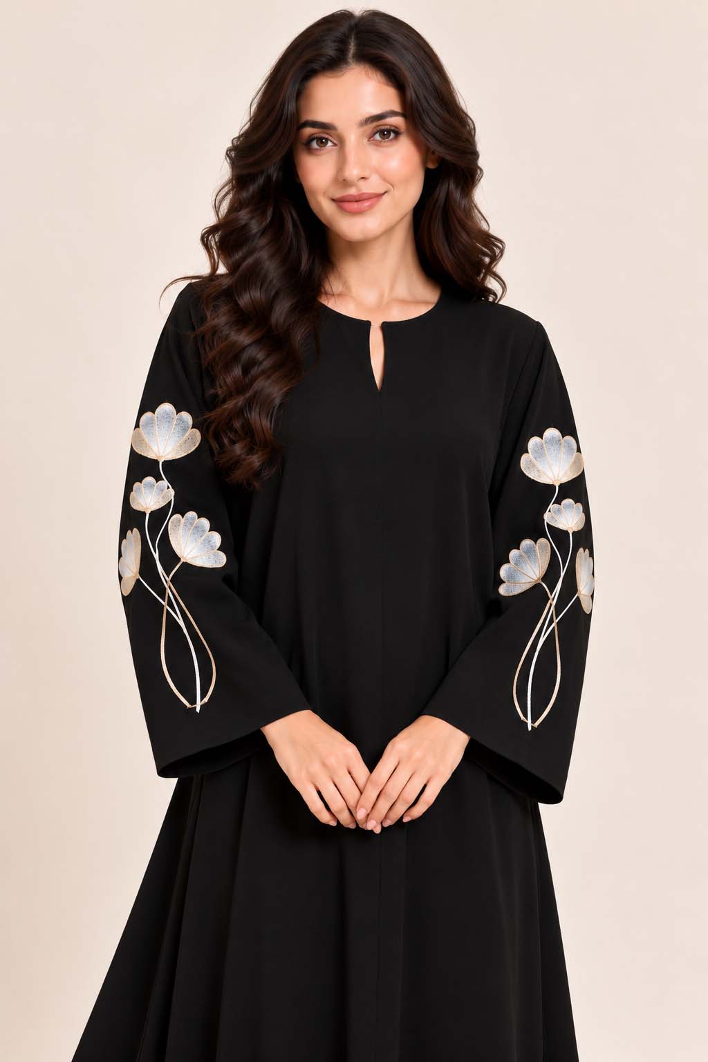 AARUH Black Nysa Embroidered Sleeve Abaya with Keyhole Neck & Flared Fit