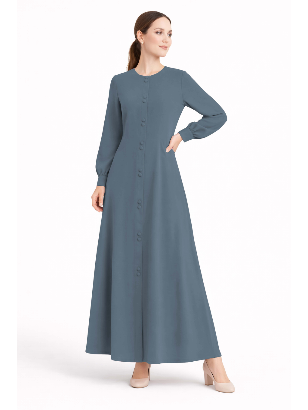 LINA BLUISH GREY – Premium Bluish Grey Button Front Abaya | Round Neck | Without Hijab | Free Size | AARUH