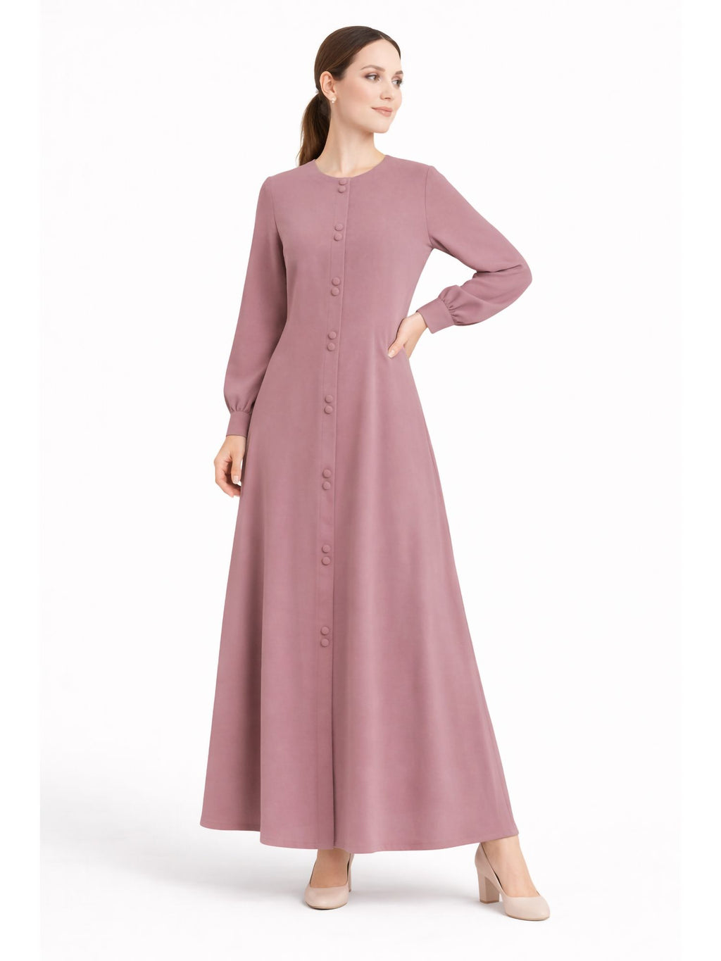 LINA BABY PINK – Premium Baby Pink Button Front Abaya | Round Neck | Without Hijab | Free Size | AARUH