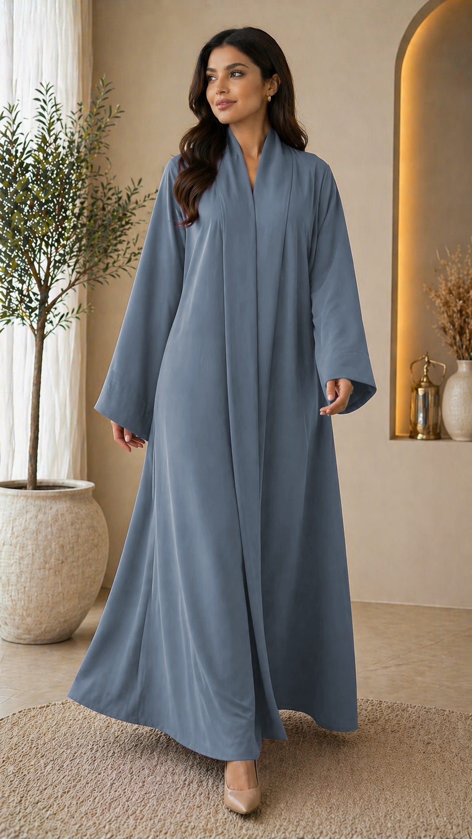 KIMONO GREY – Premium Grey Kimono Style Abaya | V Neck | Without Hijab | Free Size | AARUH