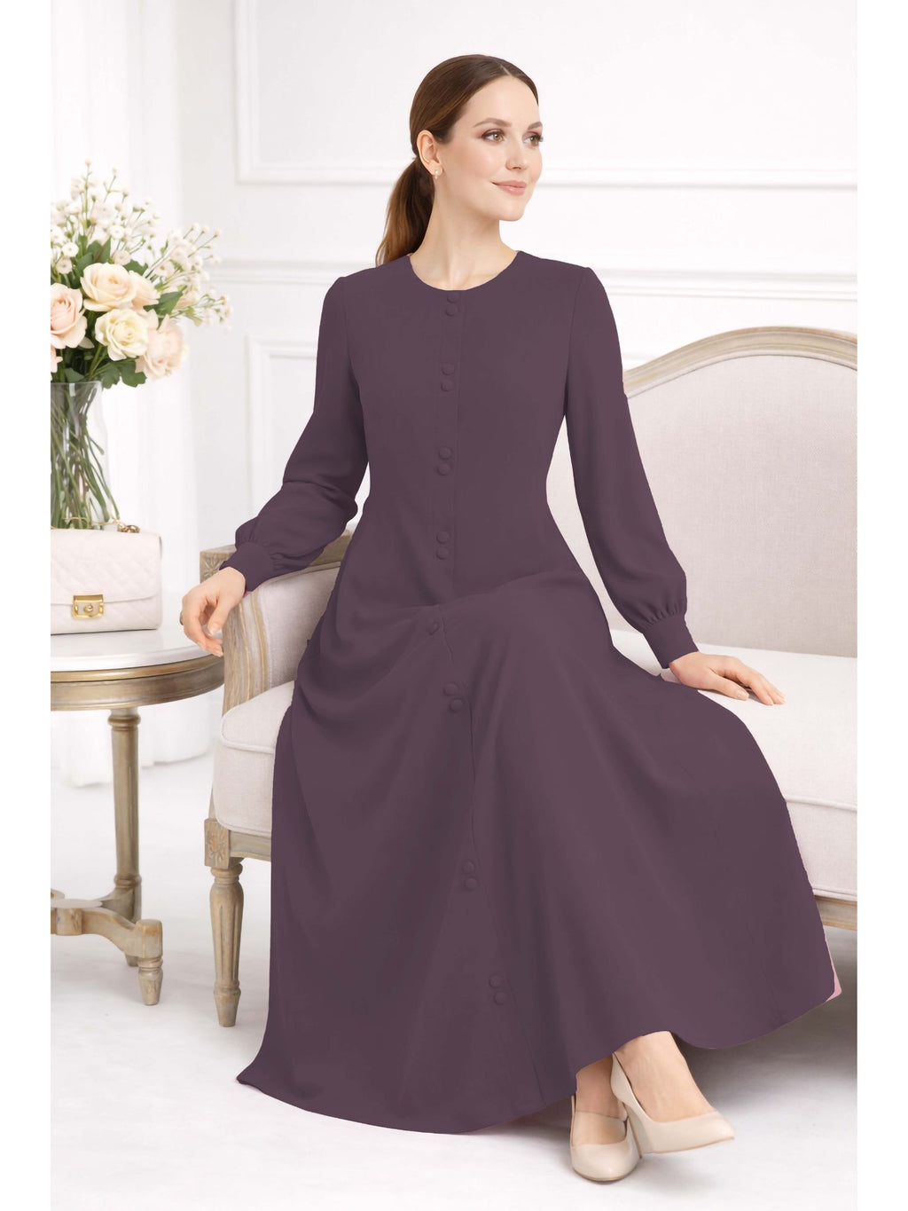 LINA DARK PURPLE – Premium Dark Purple Button Front Abaya | Round Neck | Without Hijab | Free Size | AARUH