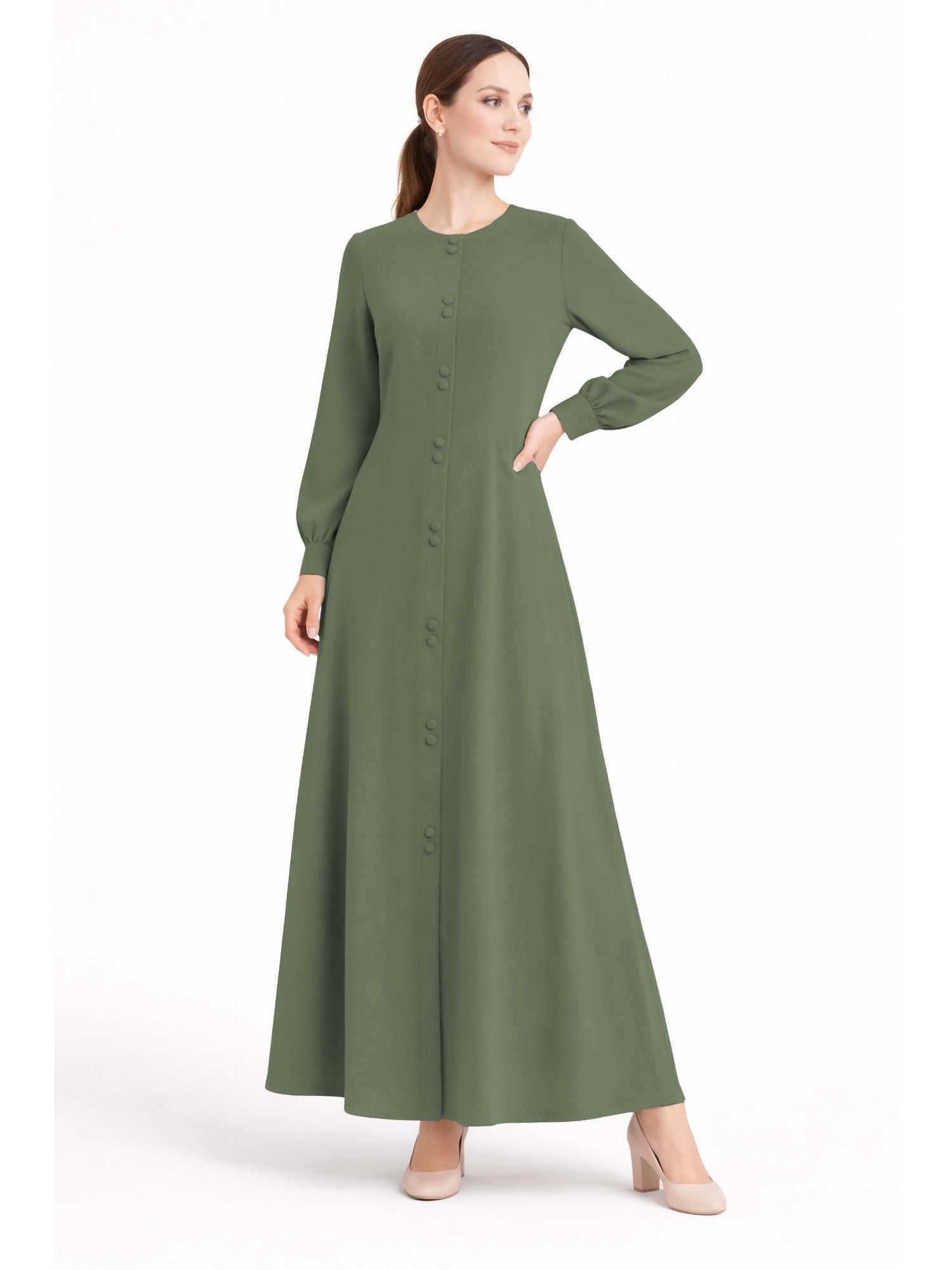 LINA GREEN – Premium Green Button Front Abaya | Round Neck | Without Hijab | Free Size | AARUH