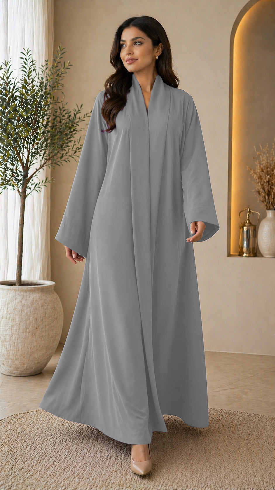 KIMONO STEEL GREY – Premium Steel Grey Kimono Style Abaya | V Neck | Without Hijab | Free Size | AARUH