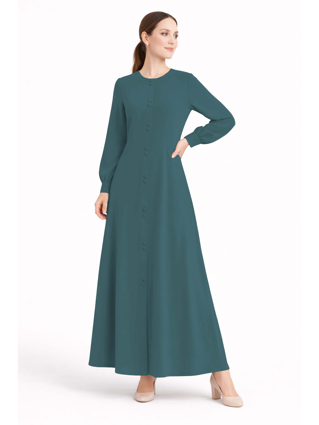 LINA TEAL – Premium Teal Button Front Abaya | Round Neck | Without Hijab | Free Size | AARUH